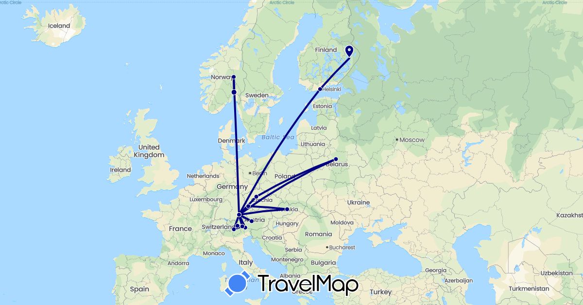 TravelMap itinerary: driving in Austria, Belarus, Czech Republic, Germany, Finland, Italy, Norway, Slovakia (Europe)